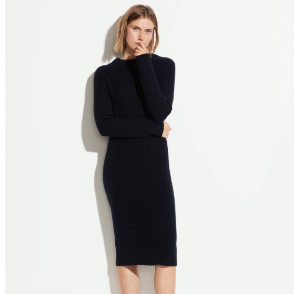 Vince Dresses & Skirts - Vince Ribbed-Knit Long Sleeve Dress in Navy Blue Wool Cashmere Size S